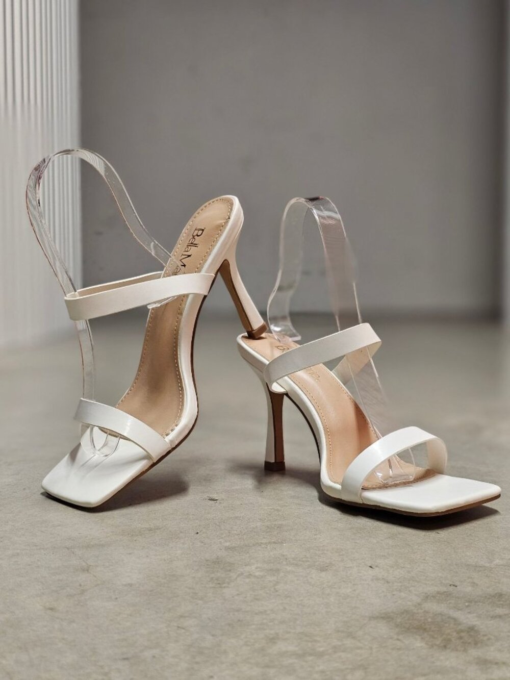 Square Toe White Strappy High Heel Sandals With Double Strap Design For Women
